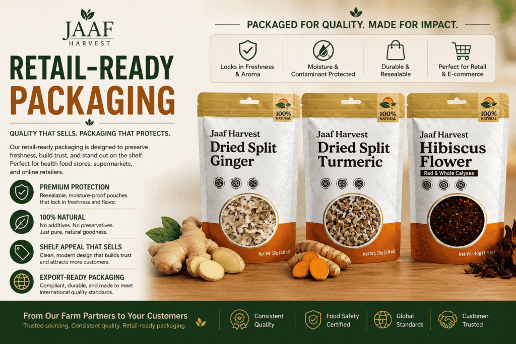 Retail-ready packages of ginger, turmeric and hibiscus